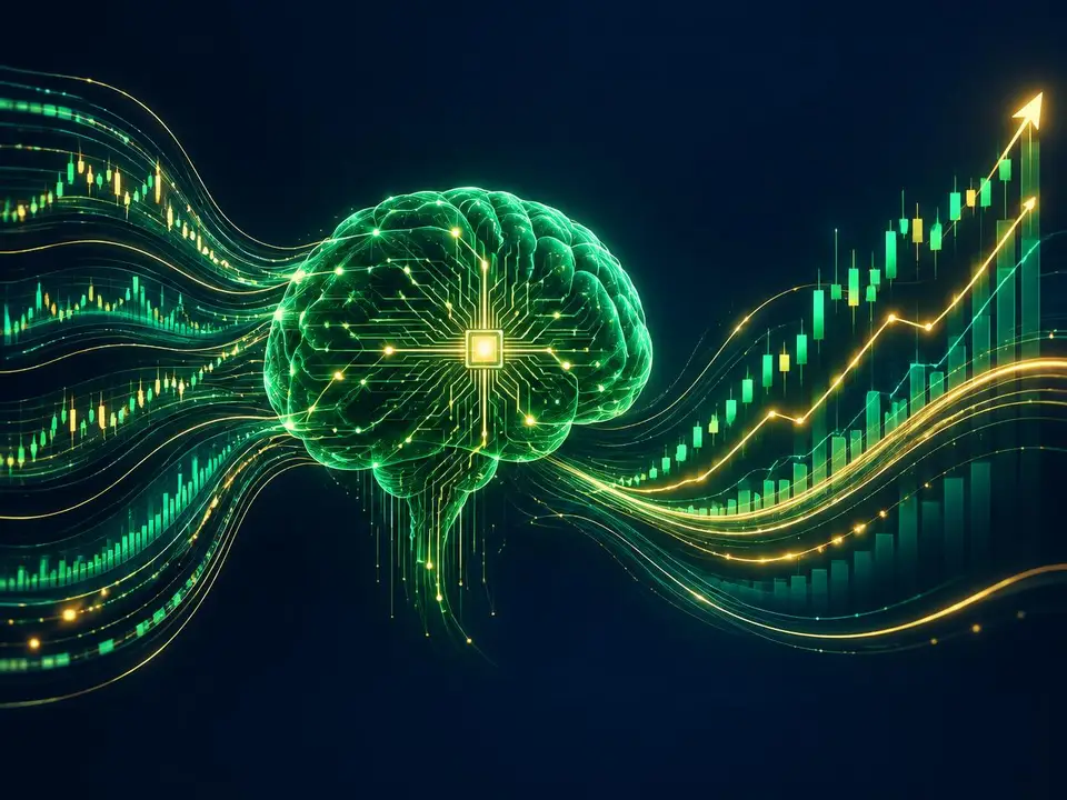 Cronetrium AI system concept – artificial intelligence brain analysing financial market data streams and rising trend charts