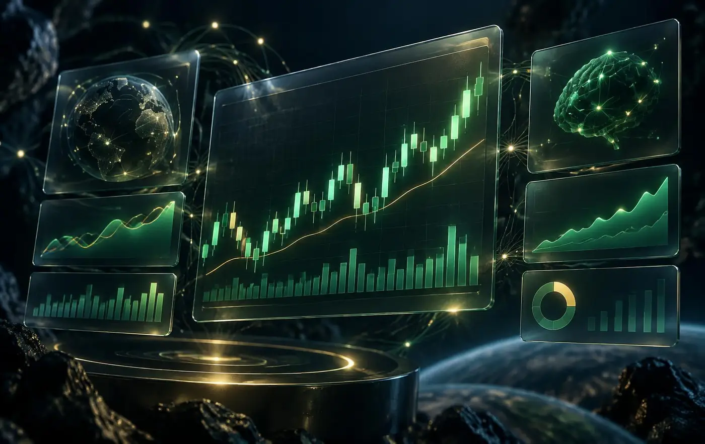 Cronetrium System AI trading platform dashboard showing live candlestick charts, market analytics and global trading data